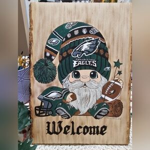 Handmade woodburned and hand painted Philadelphia Eagles Winter Welcome plaque